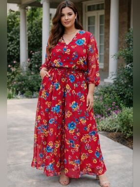 Vintage Diane Freis Silk Red Blouse & Skirt Set Boho Floral Sheer Sleeves Size L